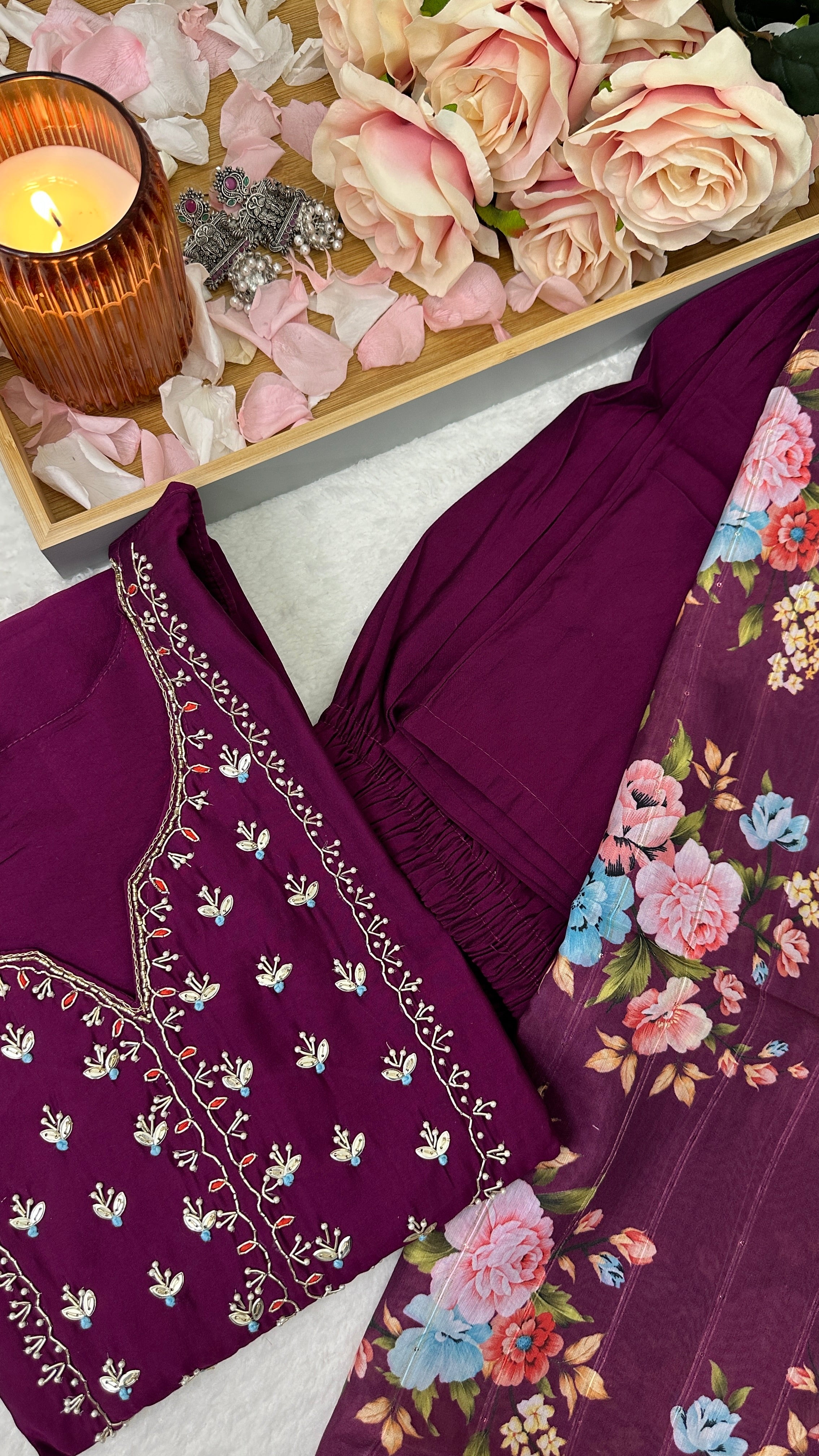 Wine Floral Kurta Set